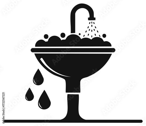 Leaking sink with running water overflowing black silhouette icon