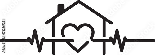 Heartbeat home, a symbol of caring for your family, love for your home and health, vector line art for branding, medical, real estate and love concepts
