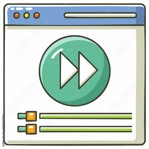 Whimsical cartoon browser window with fast forward icon and interactive progress bars for media playback