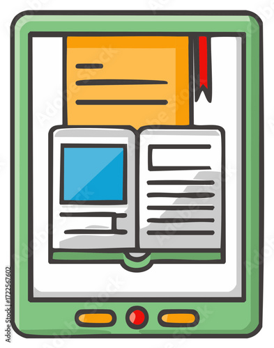 Digital Reading Open Book on Tablet Illustration for E-learning Technology Concept