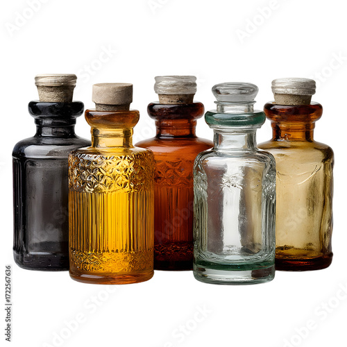 Collection of vintage glass bottles with cork stoppers showcasing antique apothecary charm and unique decorative textures, perfect for artisanal product displays