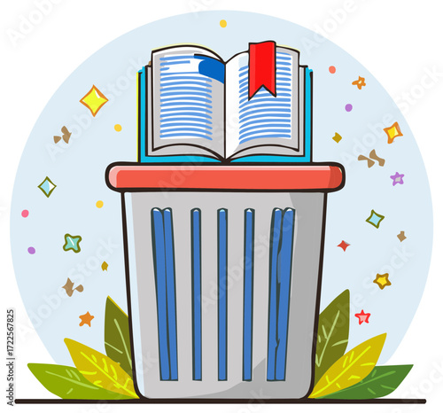 Open Book atop Trash Can, Education and Learning Concept Cartoon Illustration