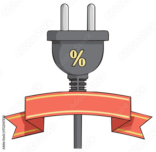 Discount electrical power cord plug percent sign red ribbon promo banner energy savings sale advertisement announcement