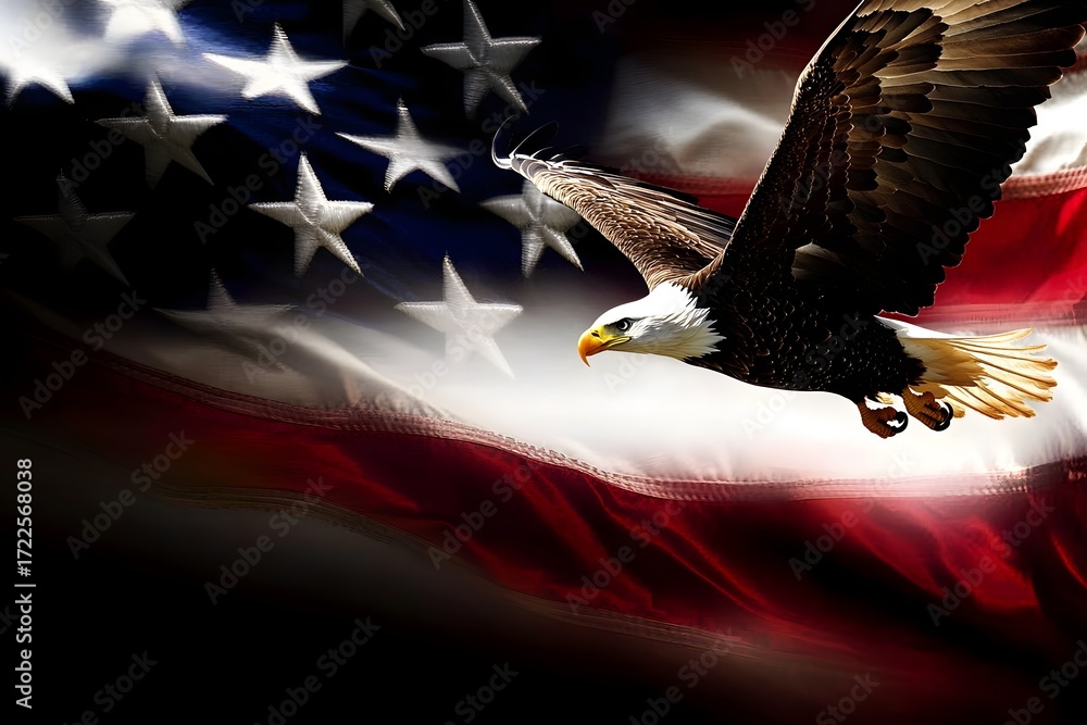 Naklejka premium Bald eagle flying over American flag.