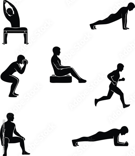 Fitness Silhouette: A collection of dynamic silhouette representations of individuals engaged in various exercises, capturing the essence of fitness and well-being.