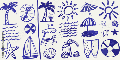 Collection of hand drawn blue summer beach vacation icons and elements on a white background