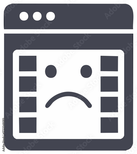 Sad face on browser window, indicating video playback error, broken media content