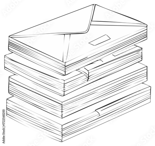 Stack of envelopes and papers in a sketchy outline drawing style