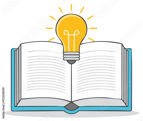 Open book with light bulb symbol, concept of knowledge, learning and ideas