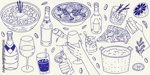 Hand drawn doodle style illustration of a festive spread with pizza salad drinks and wine for a party or celebration