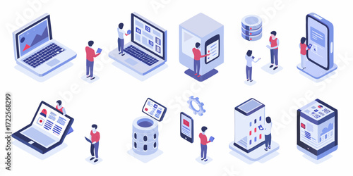 Isometric illustration of people interacting with technology devices and data servers