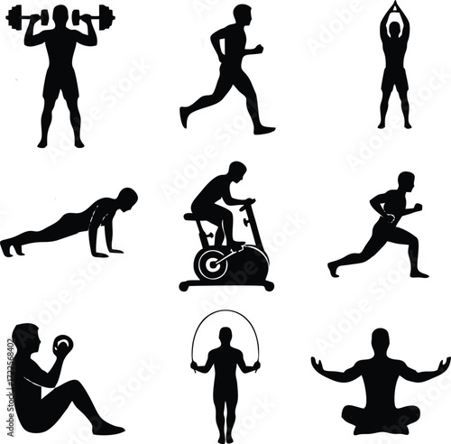 Fitness Silhouette Collection: This graphic showcases a collection of silhouettes demonstrating various fitness activities, embodying strength and healthy living.