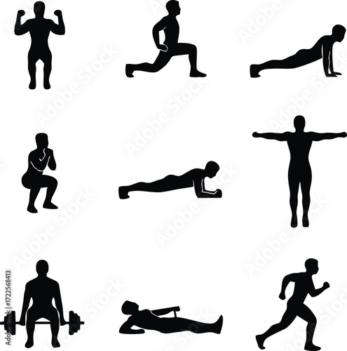 Fitness Regime Icons: A collection of silhouette icons depicting various exercise poses and movements to promote healthy lifestyles and effective workout routines. 