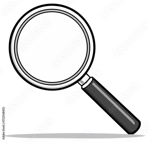 Magnifying glass with black handle and shiny metal rim for close examination and discovery