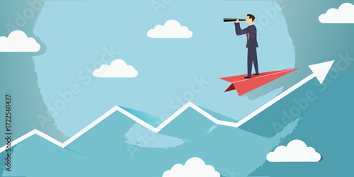 Businessman with spyglass on red paper airplane flying upwards on a rising graph with clouds