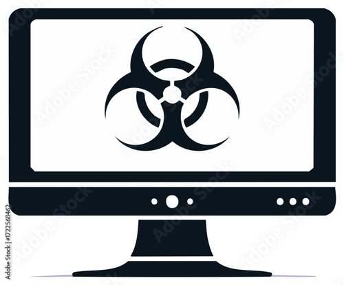 Computer screen displaying biohazard symbol alerts about a virus, malware, or toxic threat