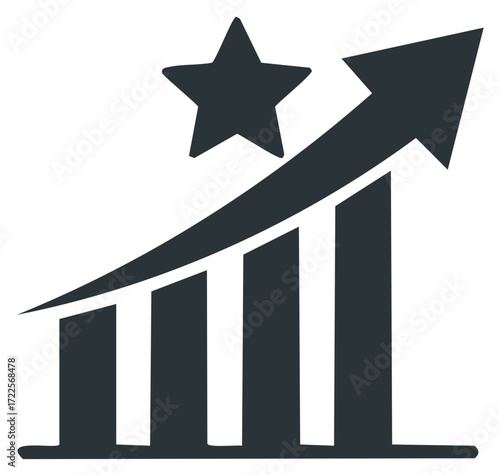 Growth chart with arrow up and star above. Showing financial gain and achievement of successful goals