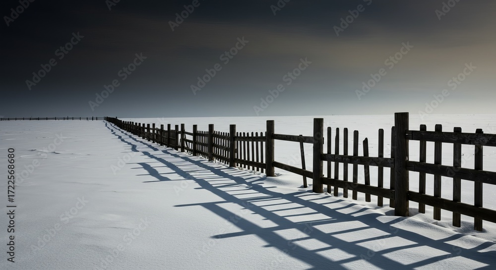 Obraz premium Serene winter landscape with rustic wooden fence stretching across snowy field