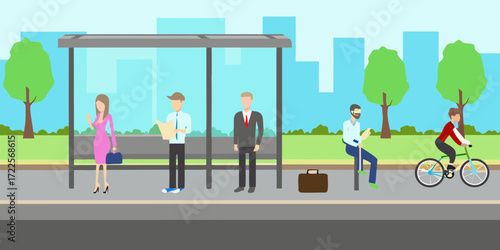 Diverse group of people waiting at a bus stop and a cyclist passing by in a city park setting