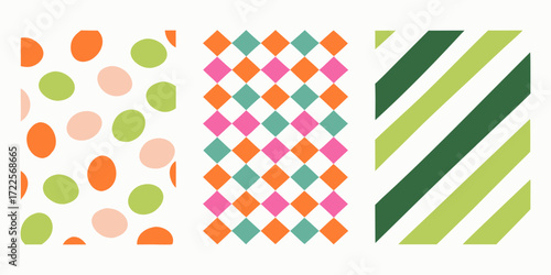 Three vibrant geometric patterns including polka dots diamonds and stripes in a triptych layout