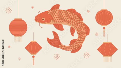 Celebrate Lunar New Year with a lucky koi fish and traditional red lanterns bringing joy and prosperity, perfect for festive decorations and vibrant cultural designs