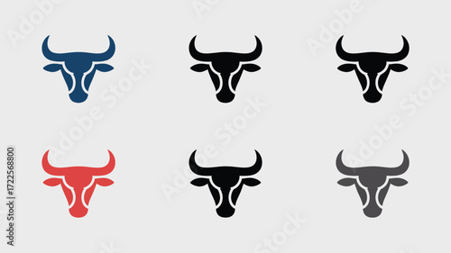 Bold bull head icons set in dynamic colors, perfect for strong branding and powerful logo design, conveying strength and determination in a modern, eye catching style