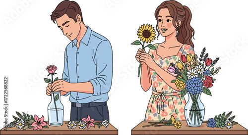 Couple arranging beautiful colorful flowers in glass vase, man placing rose, woman holding sunflower, romantic floral decoration, indoor creative activity