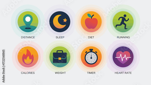 Track your fitness goals with icons for distance, sleep, diet, running, calories, weight, timer, and heart rate, perfect for health apps and wellness programs