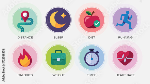 Track your health goals with these vibrant icons showing distance, sleep, diet, running, calories, weight, timer, and heart rate for a modern wellness journey, fitness and lifestyle metrics