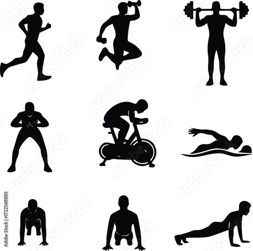 Diverse Fitness Silhouettes: A collection of stylized black silhouettes capturing the essence of physical activity, from running to weightlifting.