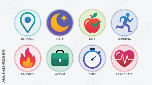 Track your health journey with these vibrant fitness icons covering distance, sleep, diet, running, calories, weight, timer, and heart rate for a healthy and balanced lifestyle