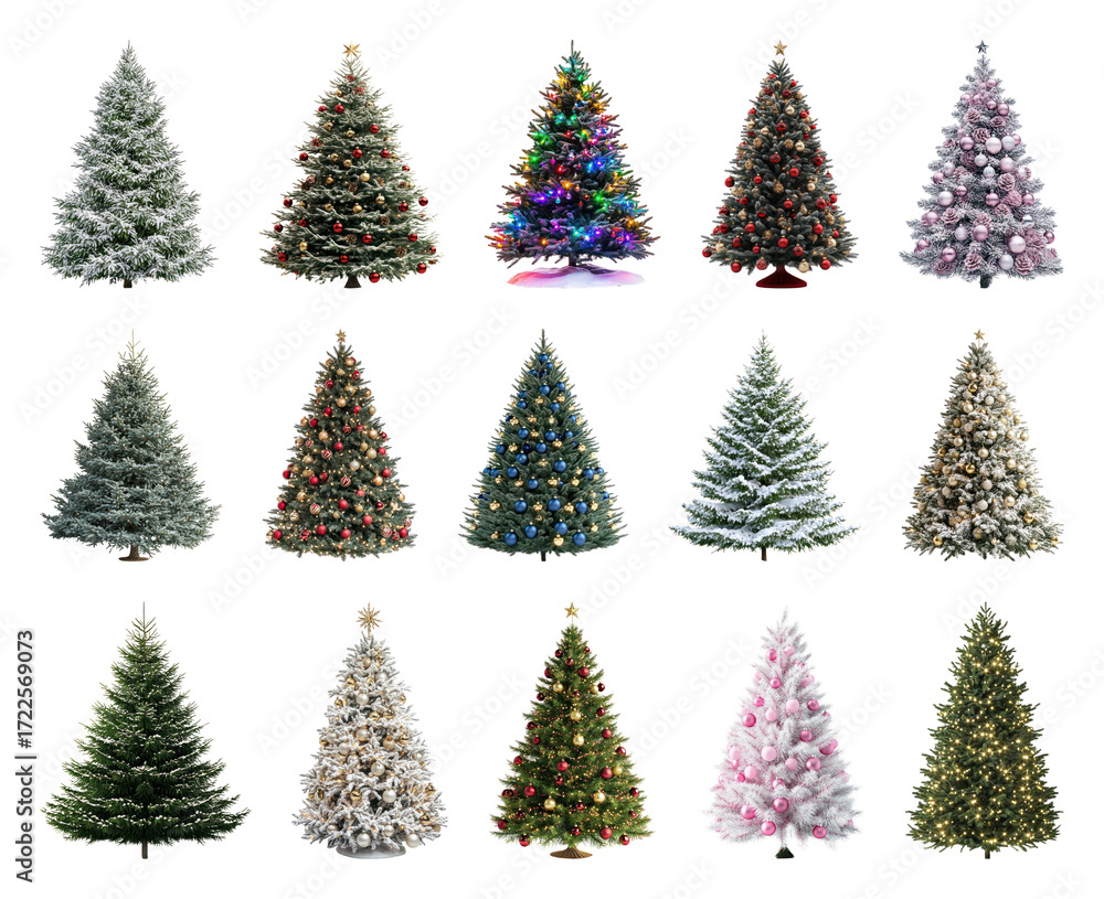 Obraz premium PNG Diverse decorated Christmas trees collection, element set on transparent background