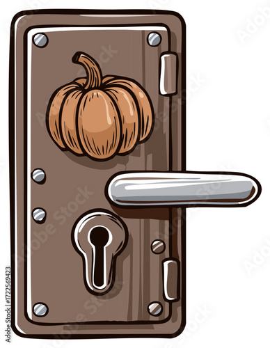 Rustic wooden door lock with pumpkin illustration, handle, and keyhole for autumn fall Halloween