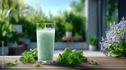 Refreshing Green Smoothie with Mint on Wooden Table in Outdoor Setting with Lush Greenery and Bright Sunlight