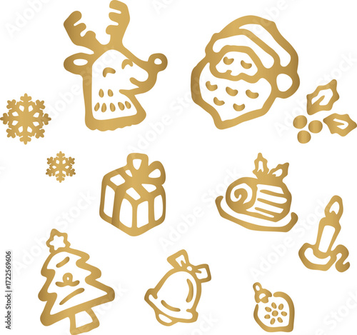 クリスマスの手書き風アイコンセット。サンタ、トナカイ、プレゼントなどの線画イラスト。ホリデー　冬