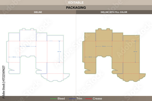 Flip top rotating box packaging template with interlocking clasp structure featuring professional carton dieline and editable die line for accurate folding