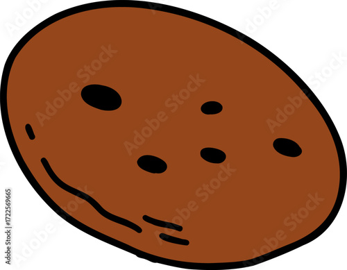 A handdrawn brown cookie with black dots