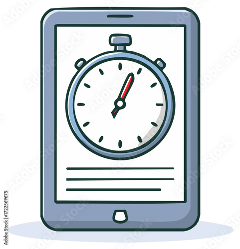 Doodle illustration of a mobile tablet device displaying a digital stopwatch for time tracking