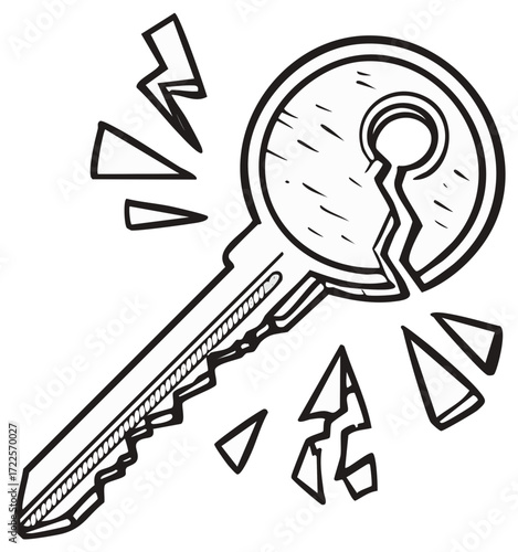 Black and white line art illustration of a key breaking apart, symbolizing security failure, unlocking problems, or loss.