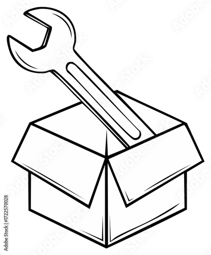 Line art illustration of a wrench resting inside of a cardboard box with flaps open