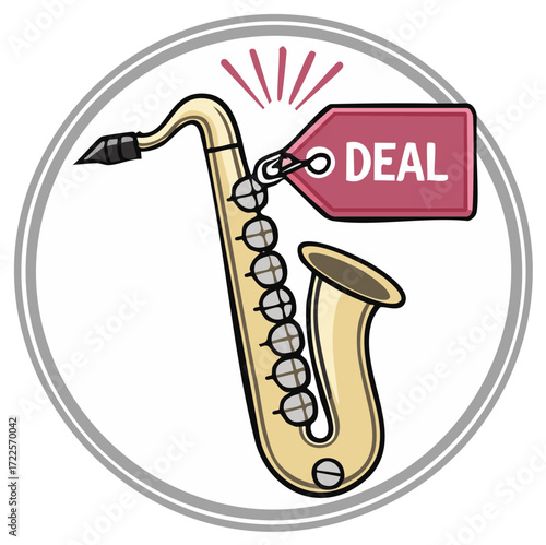 Illustration of a saxophone with a discount tag, representing a deal or a special offer for musical instrument