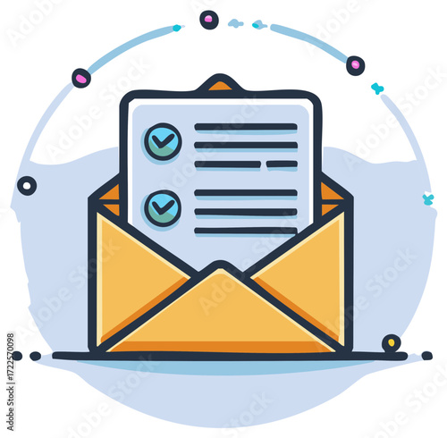 Open envelope with a completed checklist or survey form vector icon for confirmation and approval