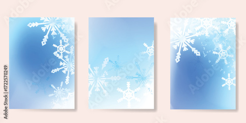 Abstract blur gradient winter card background set. Minimalist poster with snowflake watercolor texture. Modern fall season wallpaper design for cover, print, Christmas and New Year ads.