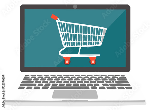 Shopping cart illustration displayed on a laptop screen representing online retail