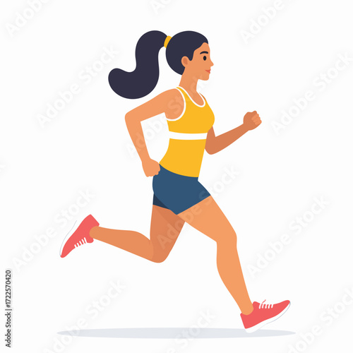 A young woman in running attire,  actively jogging in profile view.