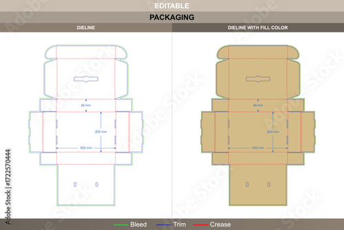 Folding box packaging template for product storage and retail design featuring professional carton dieline and editable structural die line for carton production