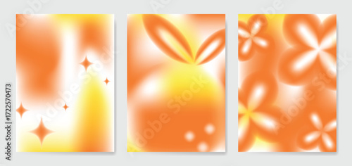 Abstract blur gradient autumn card background set. Minimalist poster with orange, flower, sparkle. Modern fall season wallpaper design for home decoration, website, banner, ads. 