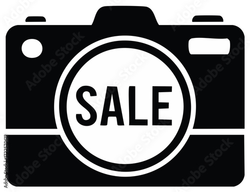 Camera silhouette with sale text in a circle, advertising concept for photography deals