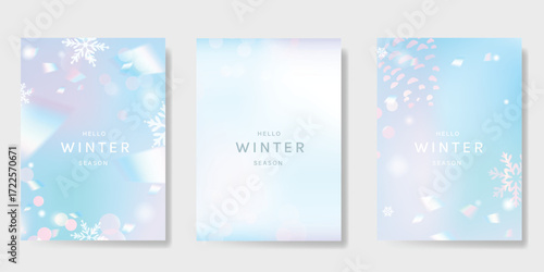 Abstract blur gradient winter card background set. Minimalist poster with pine cone, snowflake. Modern fall season wallpaper design for cover, print, Christmas and New Year ads.