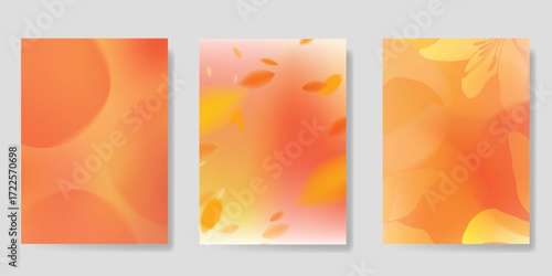 Abstract blur gradient autumn card background set. Minimalist poster with flower, leaves. Modern fall season wallpaper design for home decoration, website, banner, ads. 